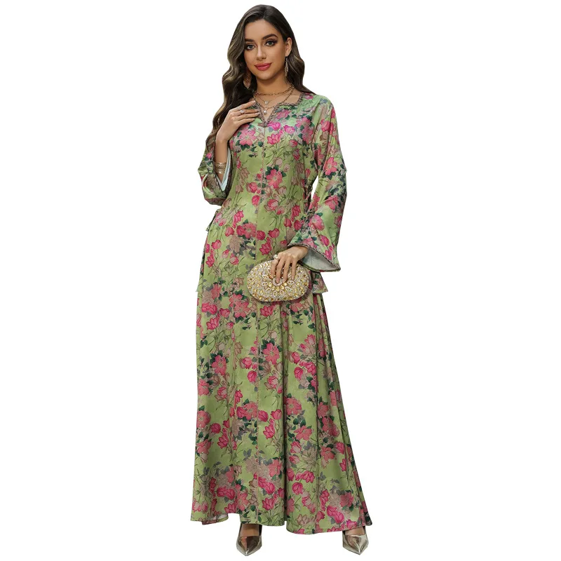 Dubai Muslim New Fashion Women's Elegant Trendy Loose Diamond Studded Long Sleeve Ankle Length Jalabiya Female Abaya Clothes 5