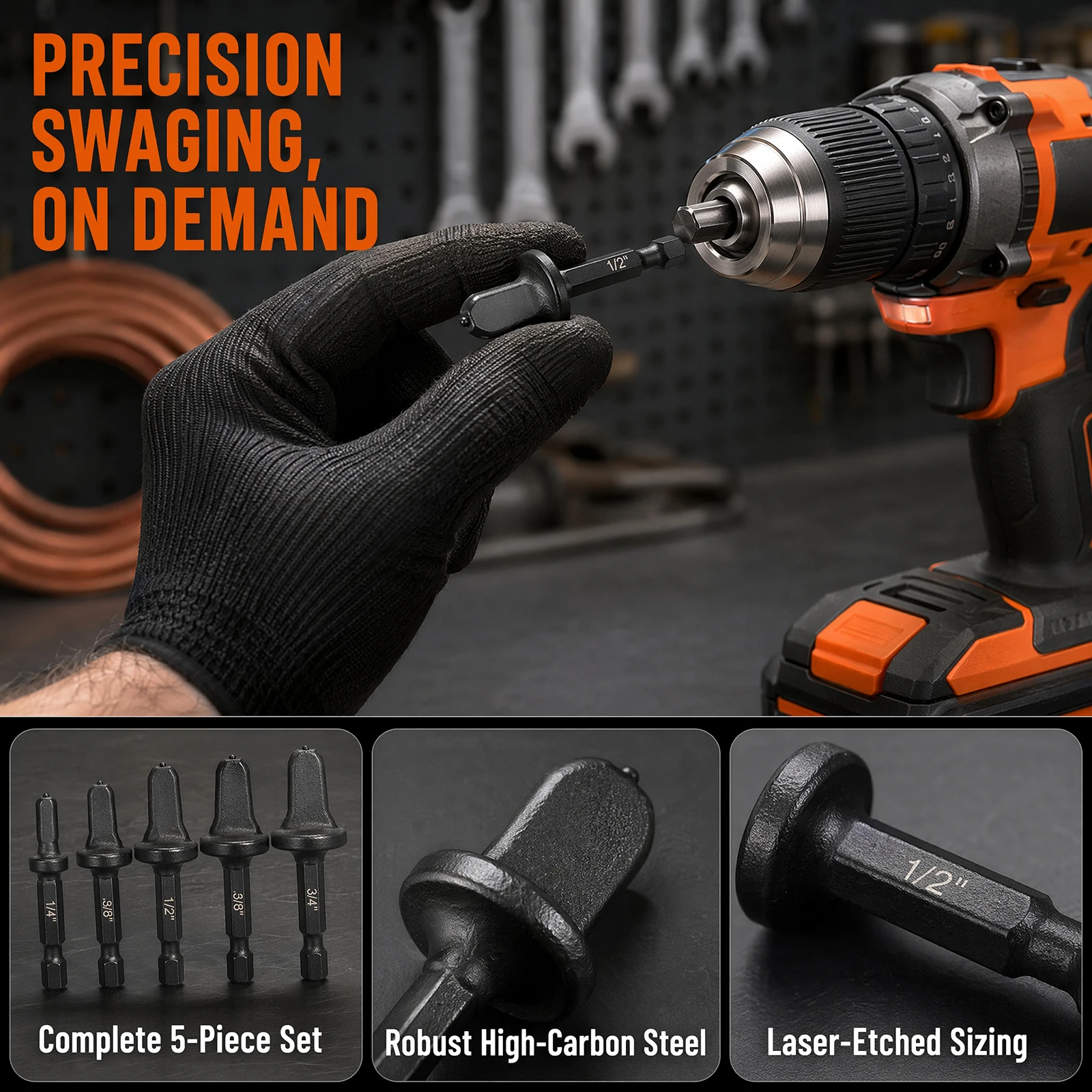5Pcs Copper Tube Expander Set 1/4 Hex Shank Drill Bit Flaring Tool for AC Copper Pipe 1/4 3/8 1/2 5/8 3/4 Inch
