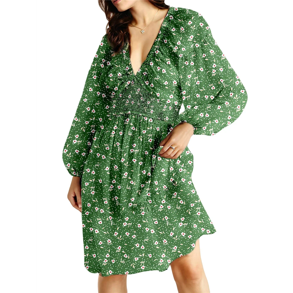 Asds-vestidos de outono para mulheres boho floral decote em v manga longa smocked cintura elástica casual linha a mini vestido de verão
