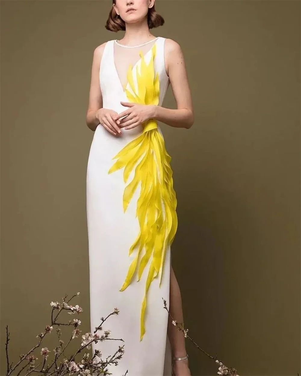 Customized  Evening Gown Prom Dress فستان حفلة موسيقية Saudi Arabia V Neck Yellow Flower Sleeveless فساتين سهره حفلات