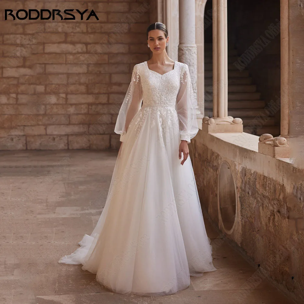 RODDRSYA Long Puff Sleeves Wedding Dresses For Woman A-Line Applique Muslim Bridal Gown Beading Lace Button Vestidos Novias Boda