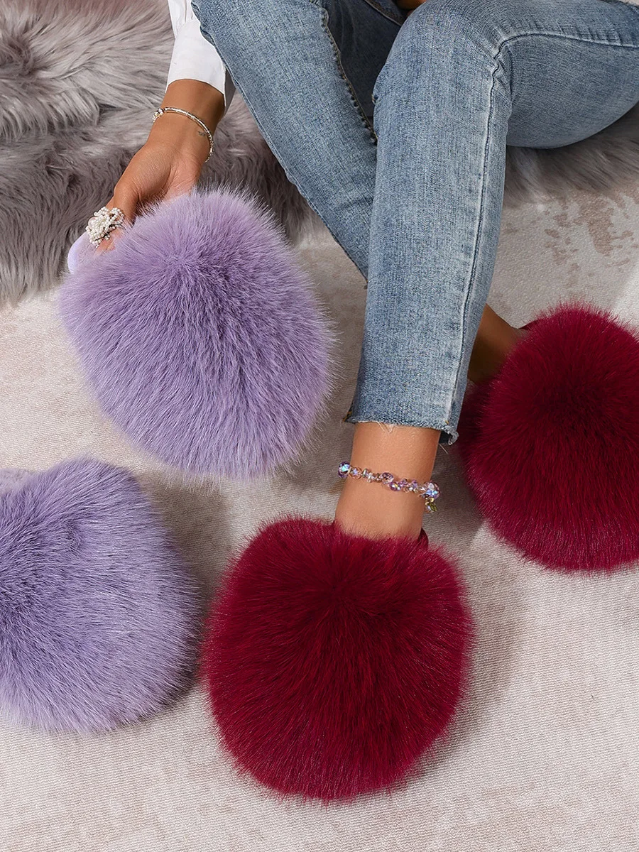 

Large Size Fluffy Fur Slippers Warm Home Indoor oes Pure Color Cover Head Design Winter Cotton Slippers for Men And Women