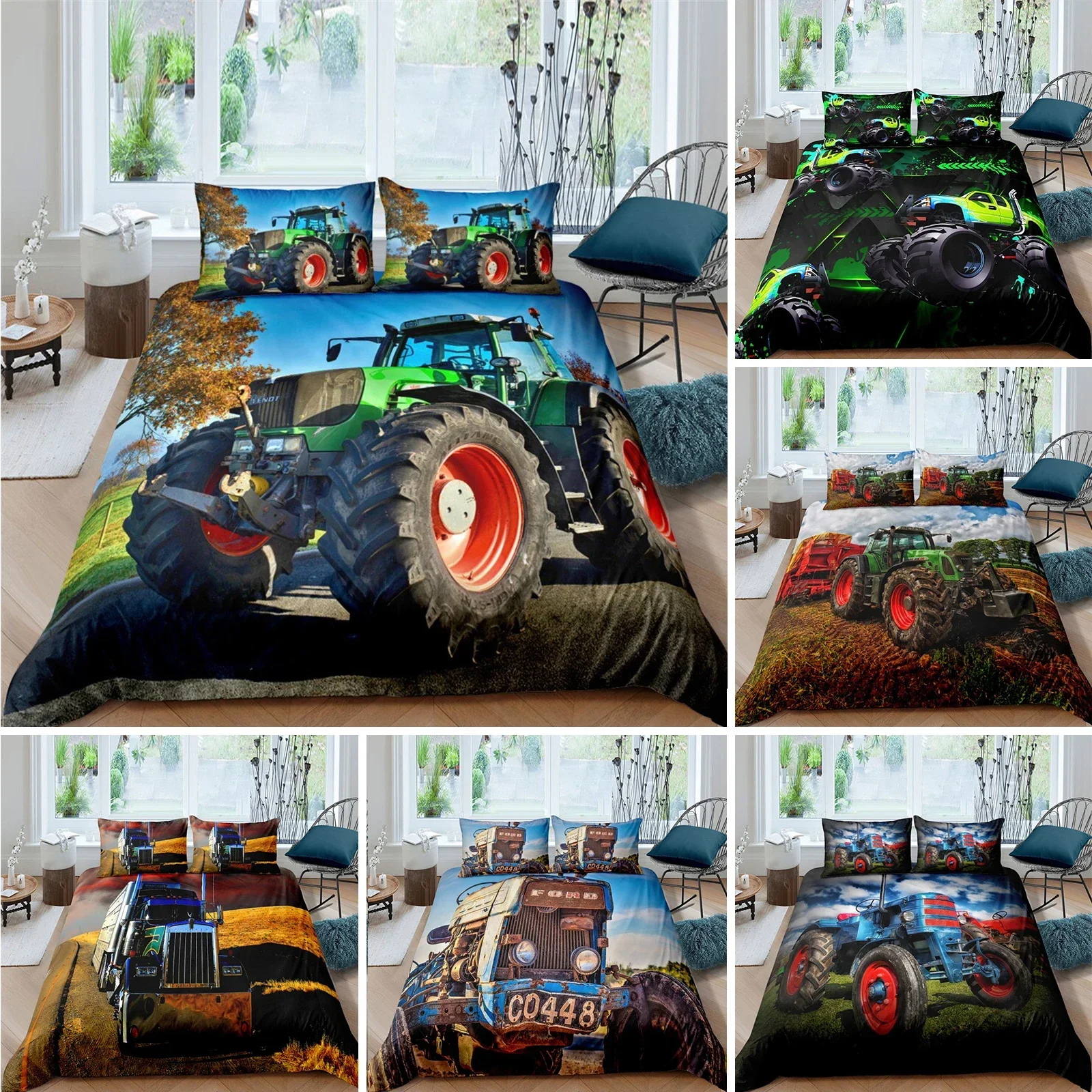 Retro Tractor King Queen Duvet Cover Car Bedding Set Engineering Vehicle Quilt Cover Farm Tool Cart 2/3pcs Polyester Quilt Cover