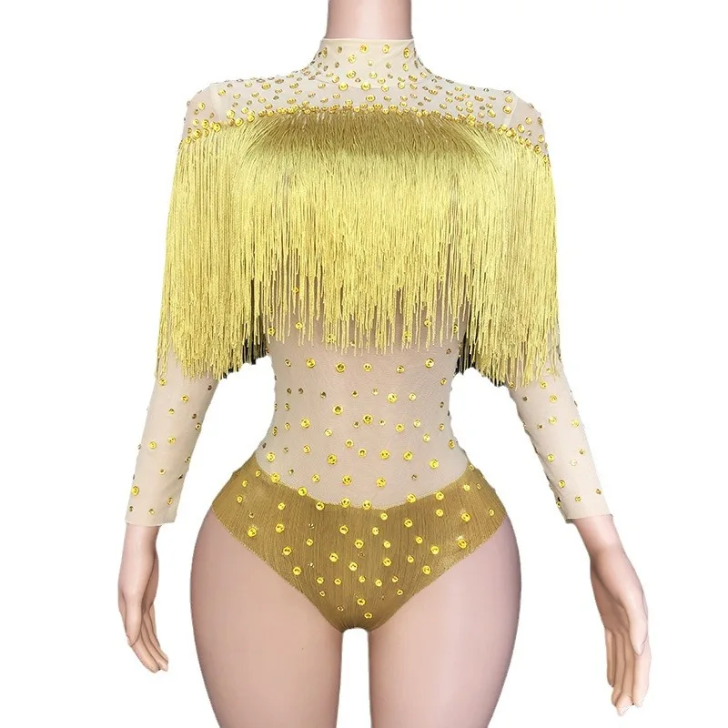 

New Model Sexy Gold Tassel Turtleneck Rhinestone Mesh Jumpsuit Party Nightclub Plus Size Vestidos De Mujer Elegantes Para Fiesta