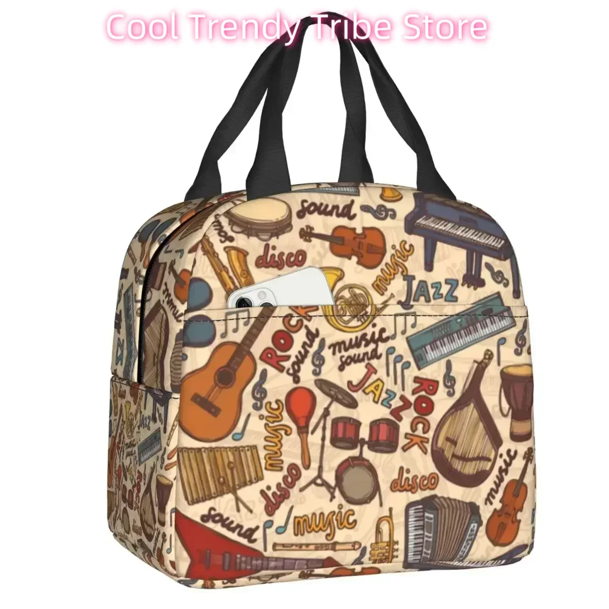 Band Instruments Seamless Music Notes Insulated Lunch Tote Bag Guitar Piano Portable Cooler Thermal Bento Box Camping Travel