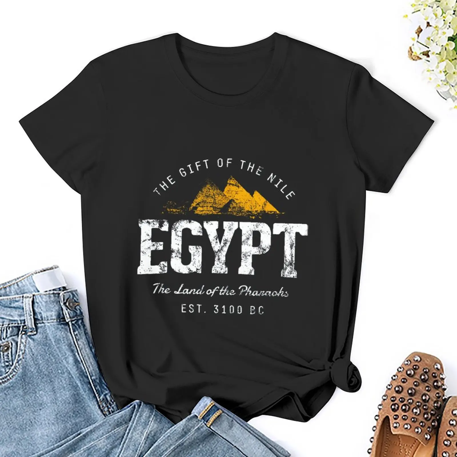 Vintage Vacation Souvenir Egypt Print T Shirt for Women Graphic Shirts Casual Short Sleeved Black Female Tee O-neck T-shirts