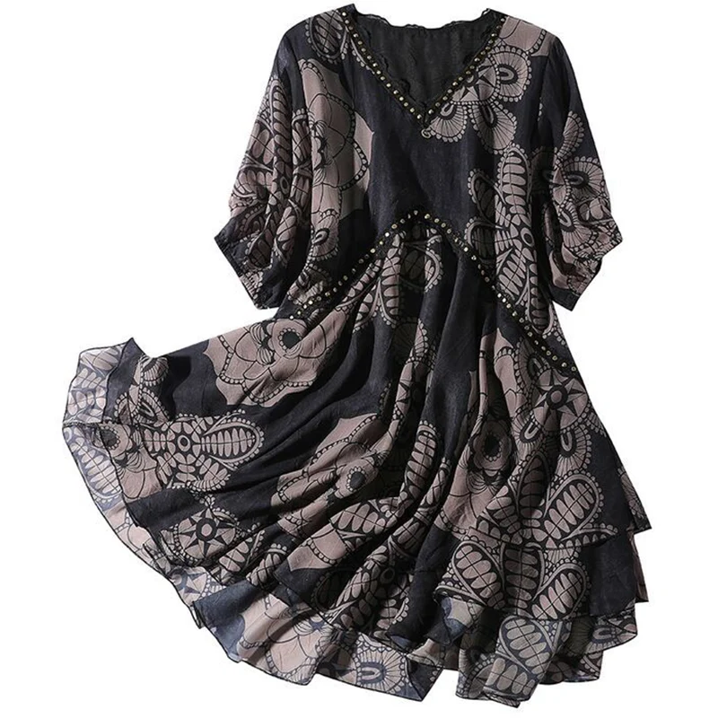 Elegant Fashion Casual Printed Lace Patchwork Dresses Summer 2023 Short Sleeve V-Neck Loose Pullover Midi Dress Women\'s Clothing