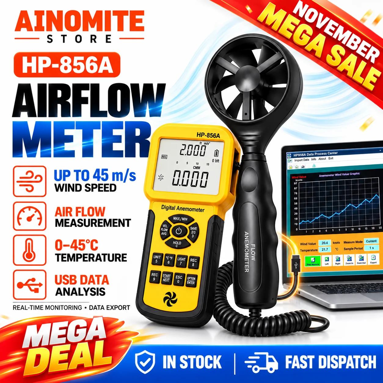 HVAC Anemometer 600 Data Sets USB Export, 5 Units CMM/CFM Max/Min/AVG Retractable Wind Speed Meter for Duct Drone Sailing