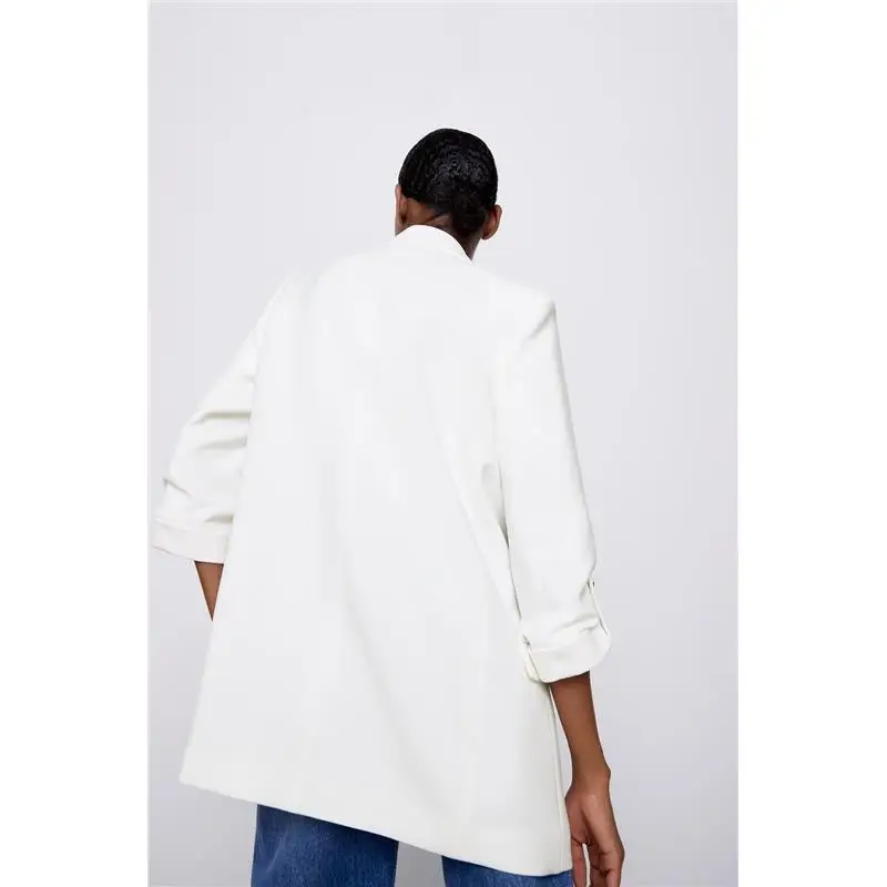 

Casual Loose Women's Suit Jaet Spring New Sle White Long Flip-Cover ket Cuff Rollable Commute Polyester Long Sve