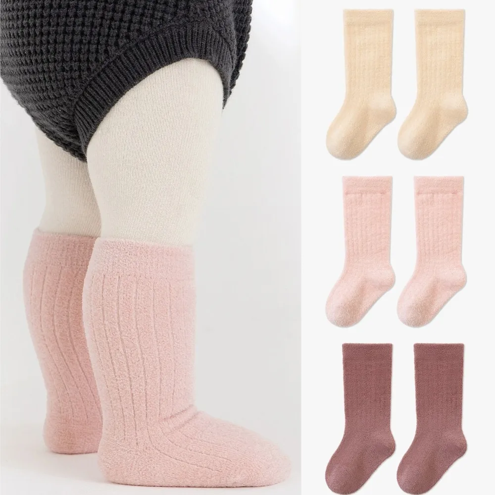

3 Pairs Cute Baby Girls' Cotton Mid-calf Socks Solid Sockens Toddler Kids Spring & Autumn Newborn Socks