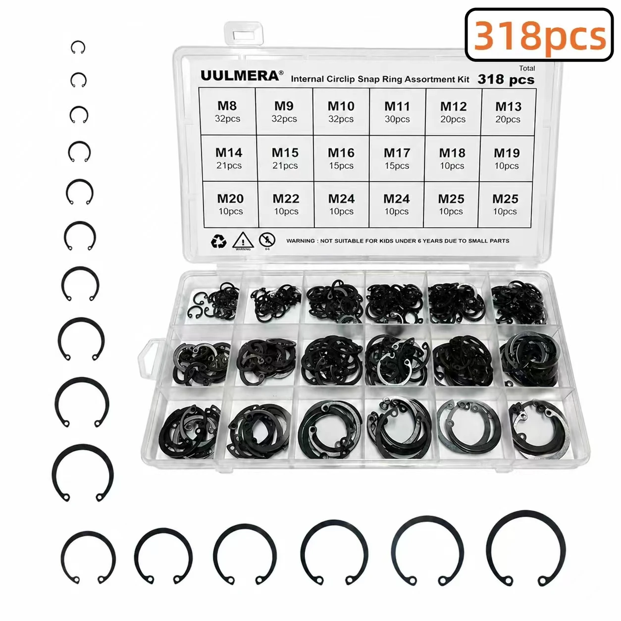 153/204/274/318pcs Alloy Steel and 304 Stainless Steel Internal Snap Ring Assortment Kit C-Clip Set 18 Sizes : 8mm to 25mm
