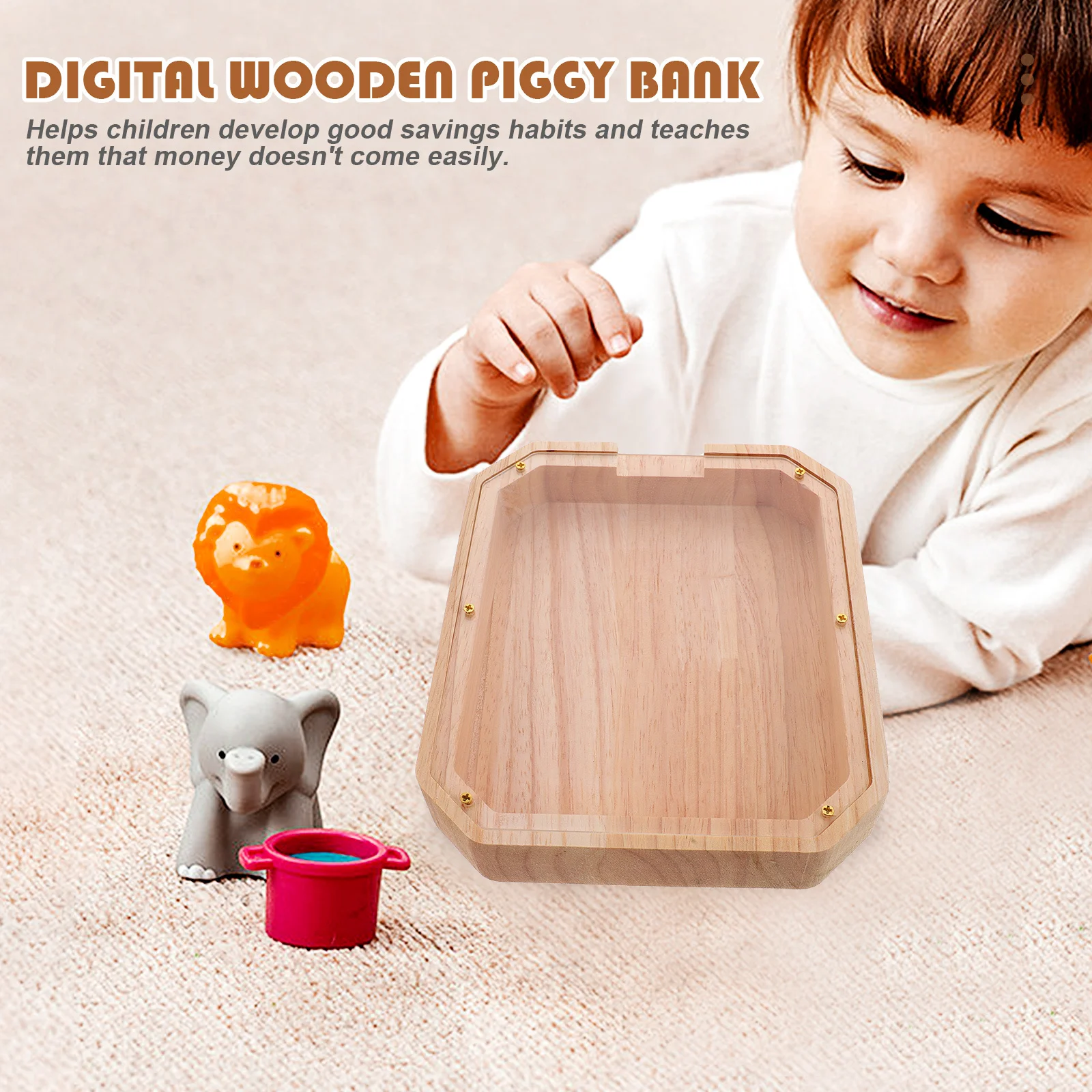 Tirelire en bois transparente, Design numérique, pot d'économie de pièces de monnaie pour enfants, décoration de bureau pour la maison, boîte d'argent incassable, cadeau, 1 pièce