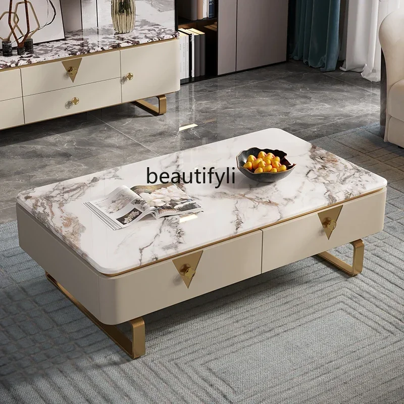 V Light luxury coffee table TV cabinet Modern living room furniture Italian high-end square marble simple