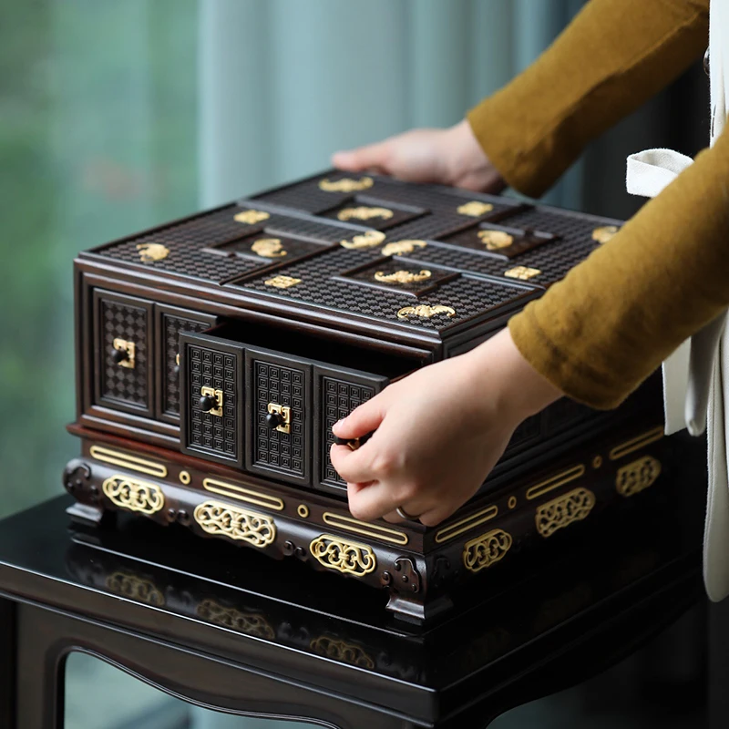 Big red rosewood wanzi lucky treasure box Chinese solid wood jewelry mahogany jewelry storage  Treasure