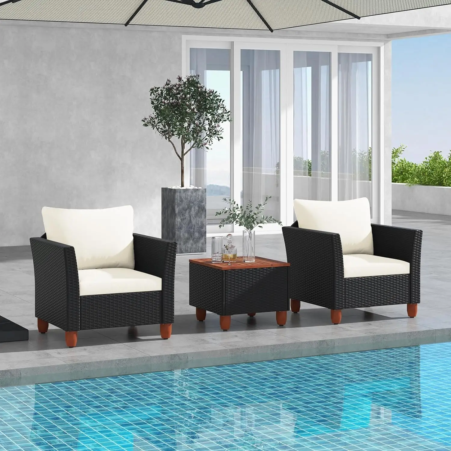 3-Piece PE Rattan Patio Sofa Set With Washable Cushion & Wood Storage Table For Porch Yard Garden, Customized
