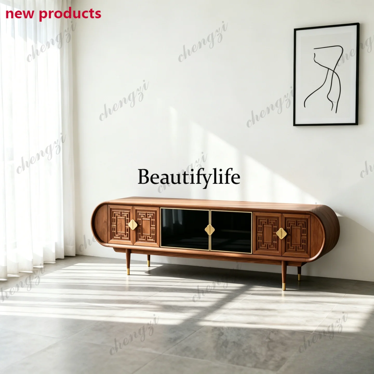 A68New Chinese solid wood TV cabinet, multi-functional locker, retro style living room home, storage cabinet