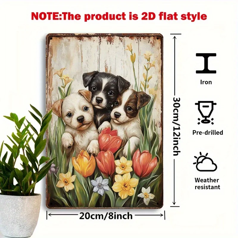 2D Flat - A 2D Flat Retro Metal Sign Featuring an Adorable Puppy Among Spring Flowers, Measuring 7.87X11.81 inch. This Iron Wall