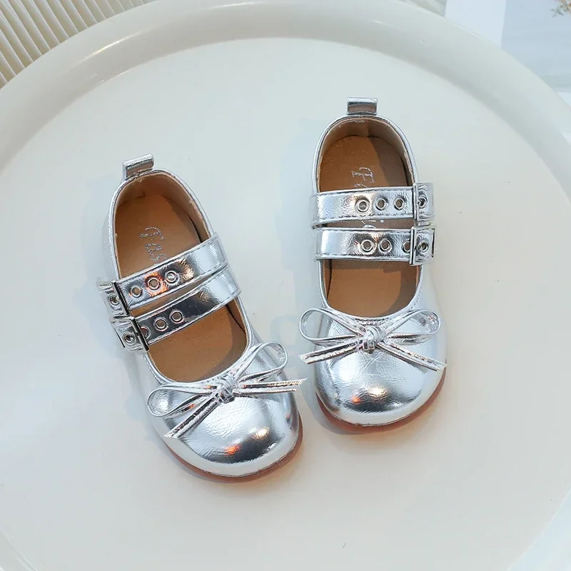 Children's Leather Shoes Fashion Causal Girls Silver Flat Shoes Spring Autumn Bowtie Kid Princess Ballet Shoes Shallow Versatile