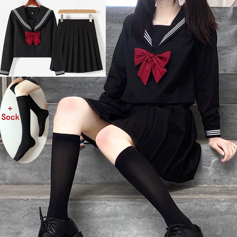 

Japanese School Uniform Girls Jk Suit Red Tie Black Three Basic Sailor Uniform Women Long Sleeve Suit Plus Size