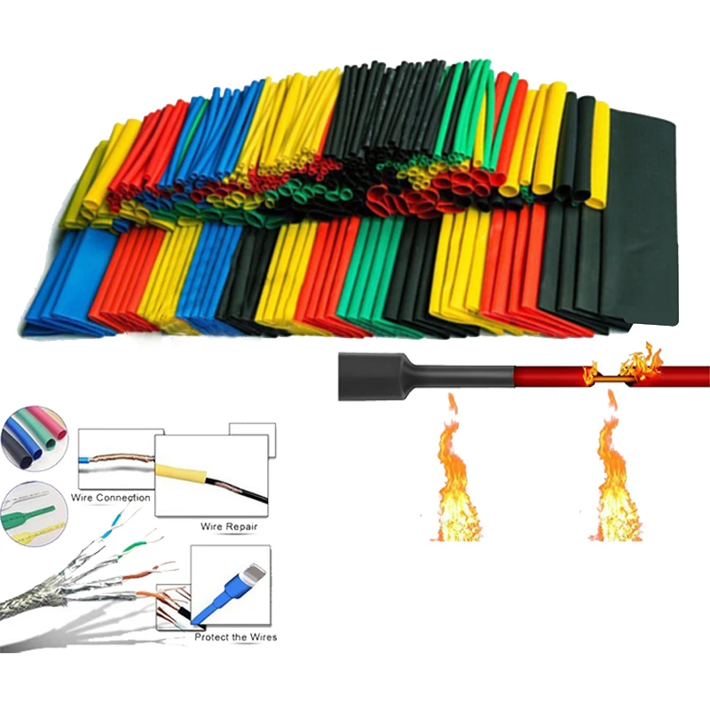 Kit de tubes thermorétractables en polyoléfine, gaine isolante, thermorétractable, câble métallique assressenti, 164 pièces/ensemble