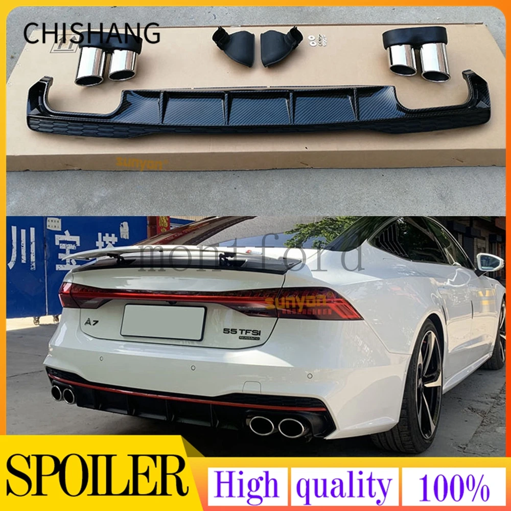 Rear Bumper Diffuser Lip For Audi A7 Sline 4 Door 2019 2020 Non S7 Car Rear Bumper Diffuser Lip Spoiler with Exhaust Tips PP