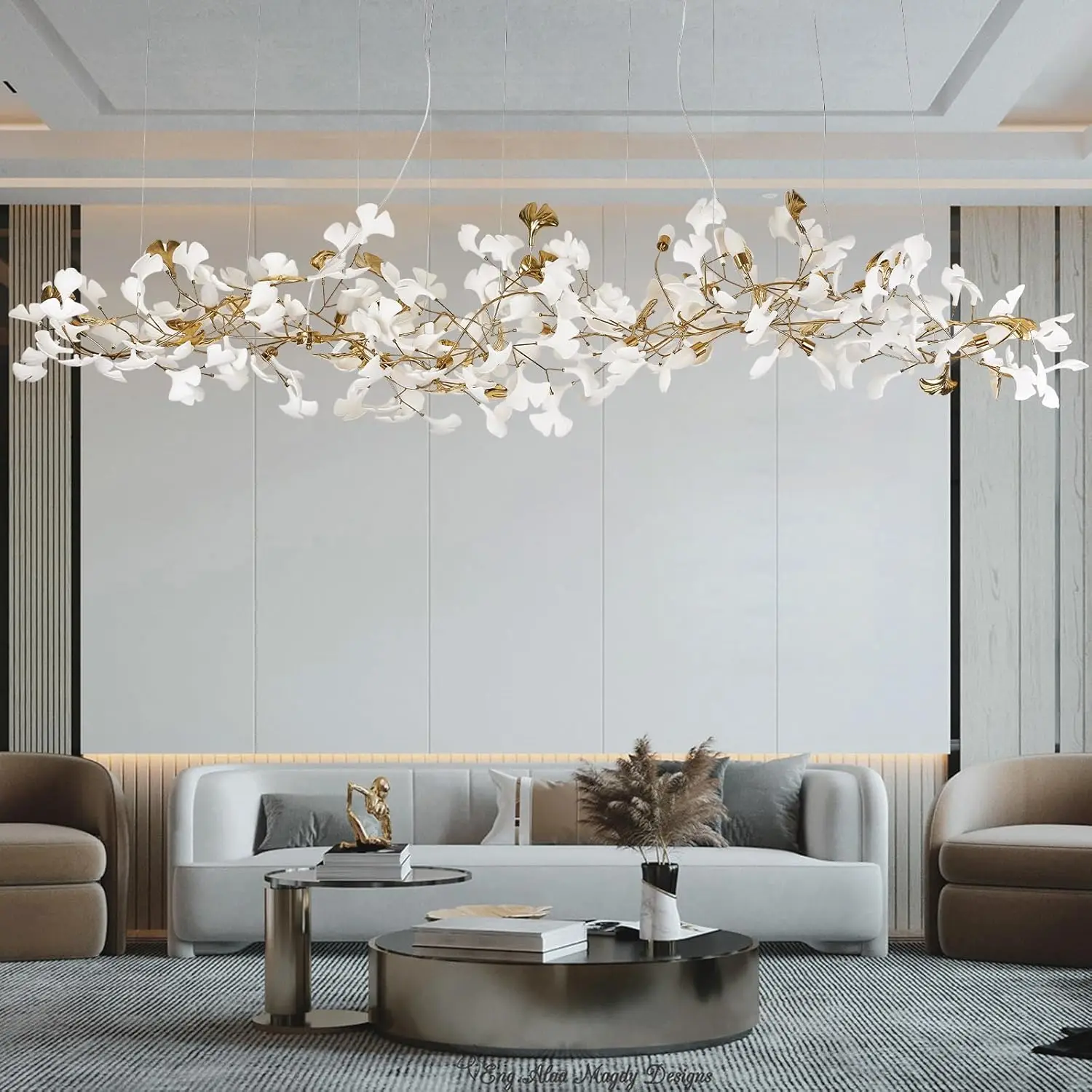 

Большая люстра с листьями гинкго - современный латунный длинный подвесной светильник для столовой, виллы, гостиной, кухни, острова