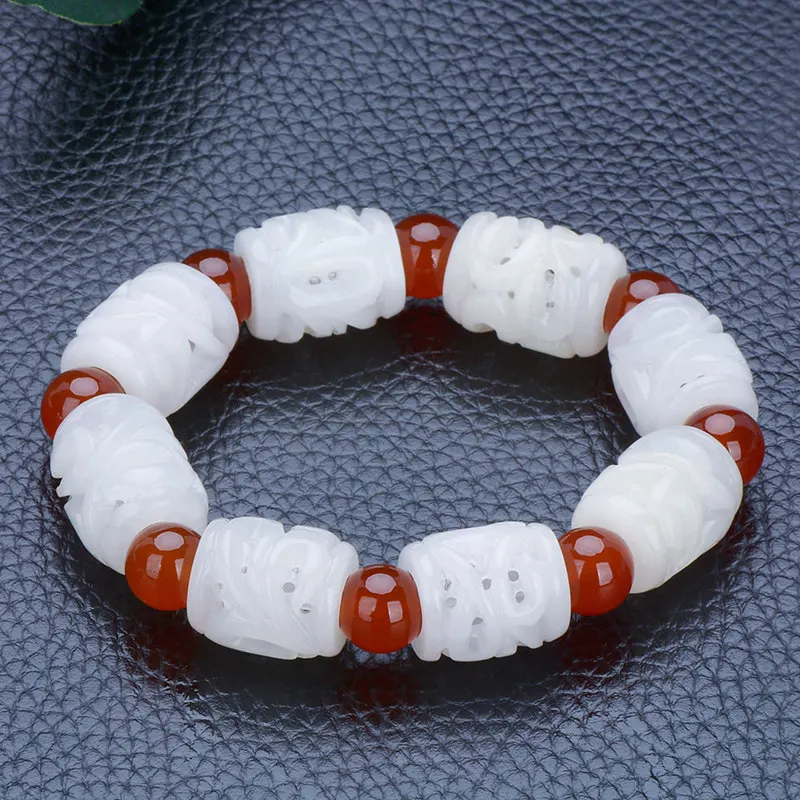 Xinjiang Hetian jade white jade bracelet hollow engraving barrel bead red with bead retro fancy temperament men's and women's br