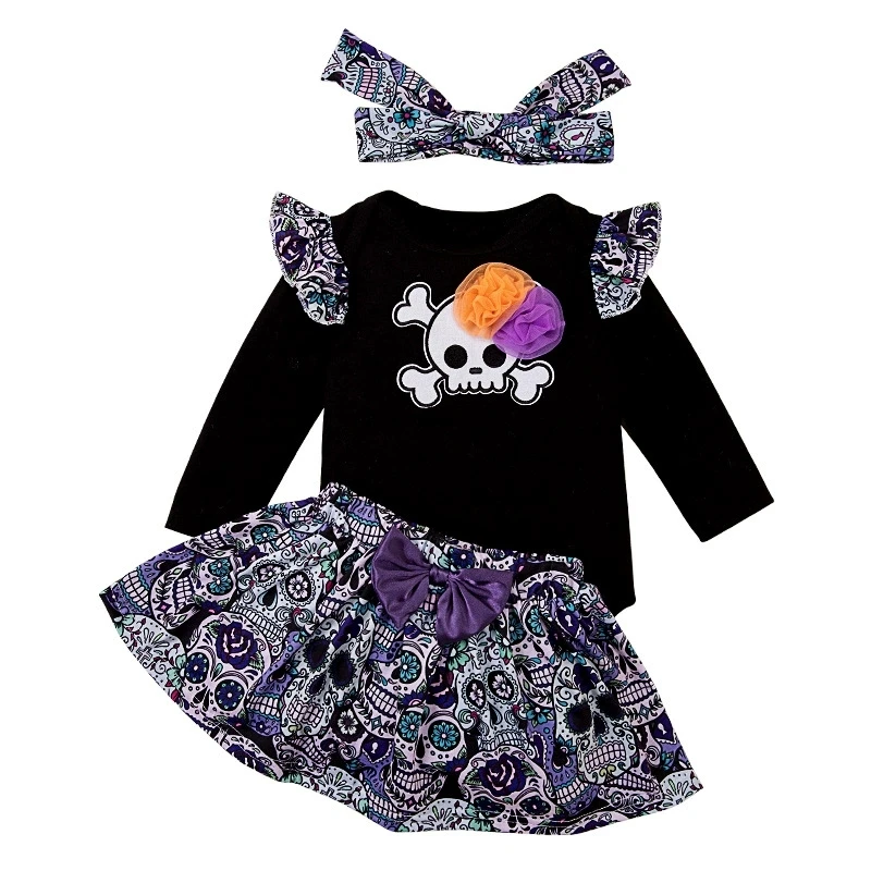 Halloween Baby Costume 1Year Baby Girl Long Black Scary Skull Dress Newborn Cosplay Party Costumes 1st Halloween Clothes Sets