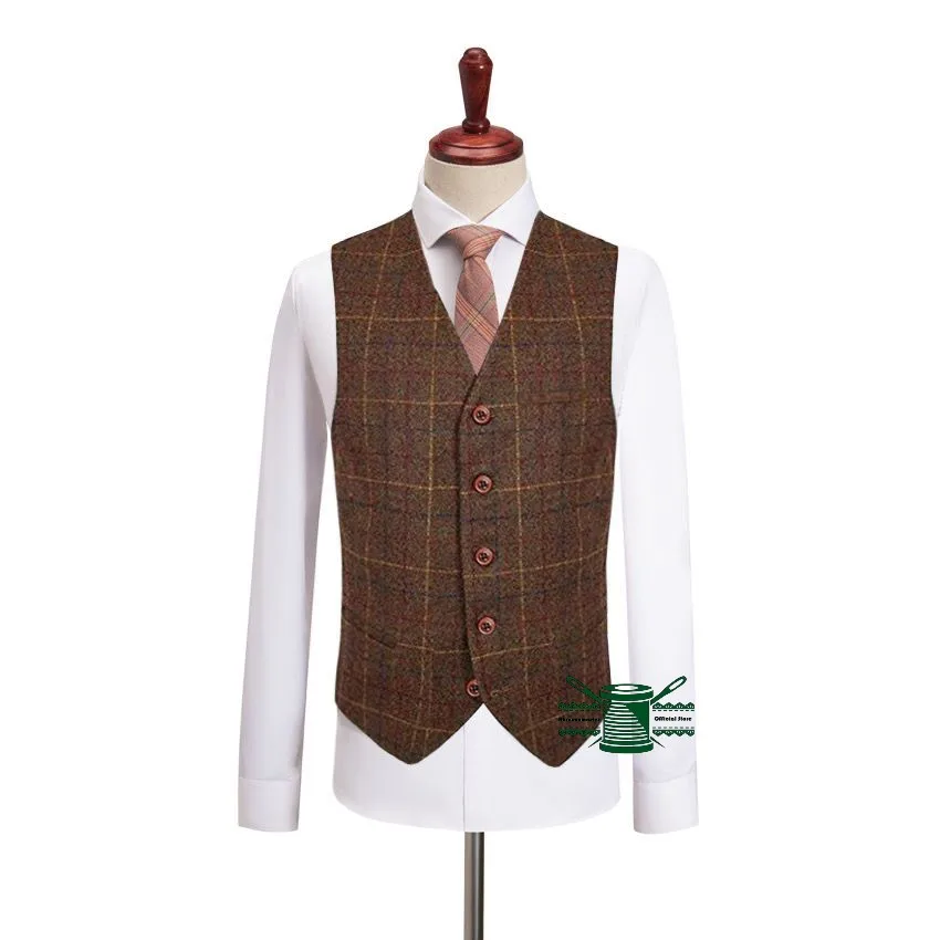 Check Mens Waistcoat Vintage Western Wool Tweed Formal Vests Brown Suits Vest I PSC Man Vest Custom Made Suits Vest