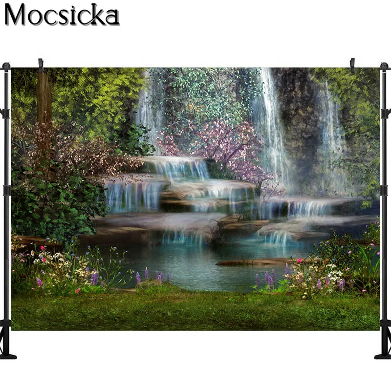 Spring Forest Waterfall Backdrop Wonderland Flowers Photography Background Birthday Photo Studio Props Decorative Banner Poster