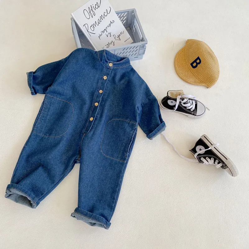 New Spring Autumn Unisex Children Denim Jumpsuits Korean Style Chic Baby Boys Girls Overalls Soft Loose Trousers Kids Clothes