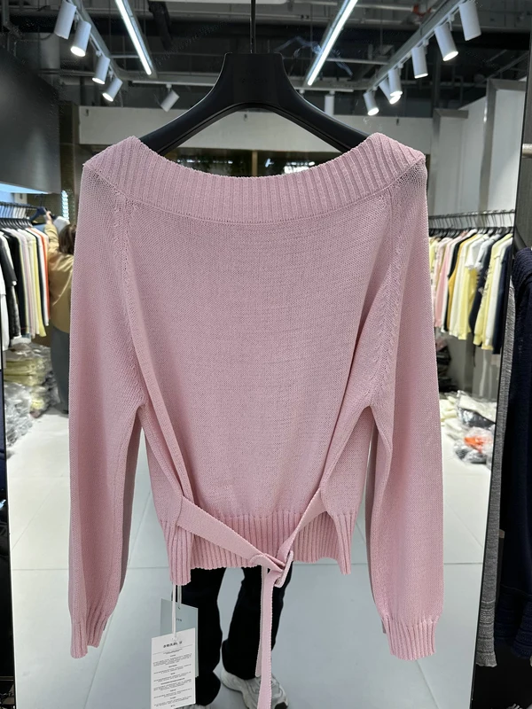 

Loose Korean Style Lazy One Shoulder Knitted Sweater 2026 New Style Belted Hem Short Outerwear Versatile Top for Women
