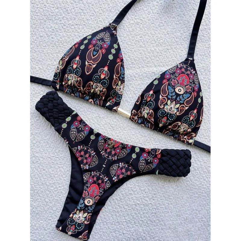2024Braid Rope New Print Bikini Swimsuit Beach Sexy Women's Swimsuit