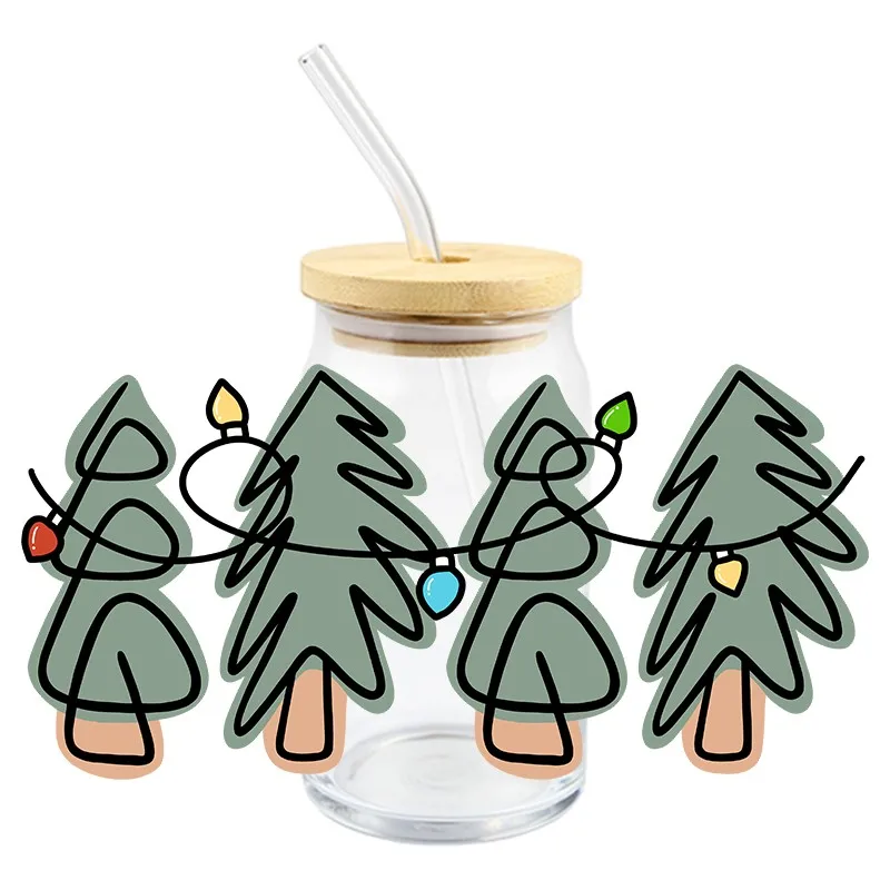 Colorful Chrismas Tree Design Series Cartoon Cute Waterproof DIY Decals 3D Transfers UV DTF Sticker 16oz UV DTF Cup Wraps for Gl