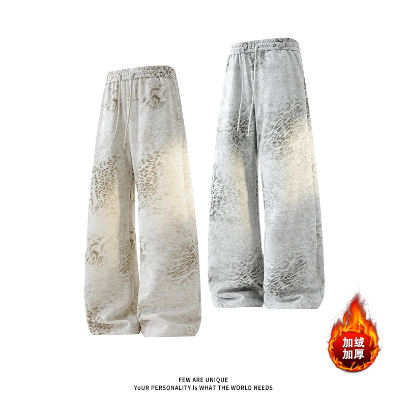 Leopard print pants Man fashion winter pants men Thick fleece casual pants watm Loose outdoor sports pants Men's straight leg