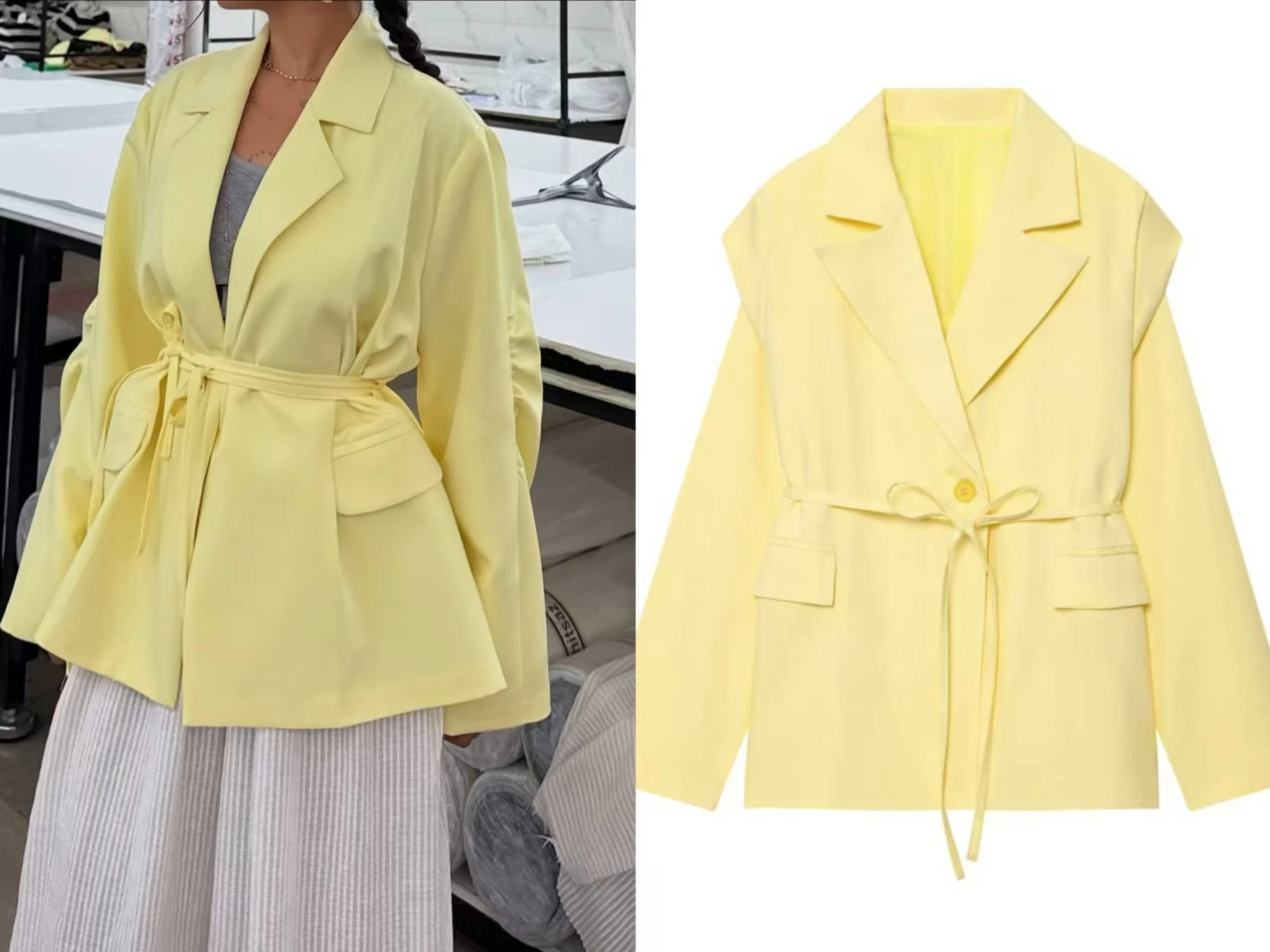 

Women's New Arrival Blazer Single-Button Double Pockets Women's Wide-Shoulder Belted Silhouette Blazer