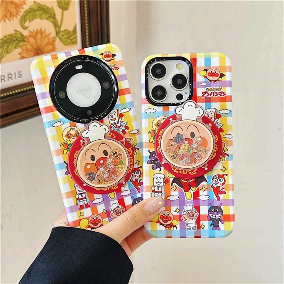 

Japanes Cute Cartoon Colorful Plaid Pattern Magnetic Phone Case For iPhone 16 Pro 14 15 Pro Max Cover with Holder