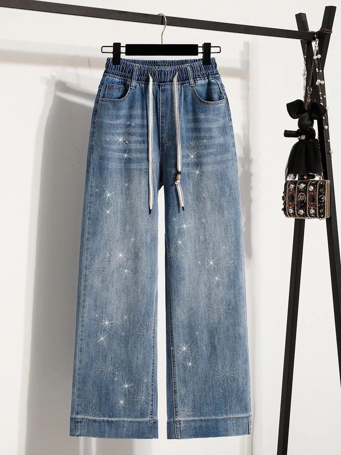 

Faionable Sparkling Rhinestone Wide Leg Elastic Waist Corded Women's Jeans Spring Slimming Straight Long Pants