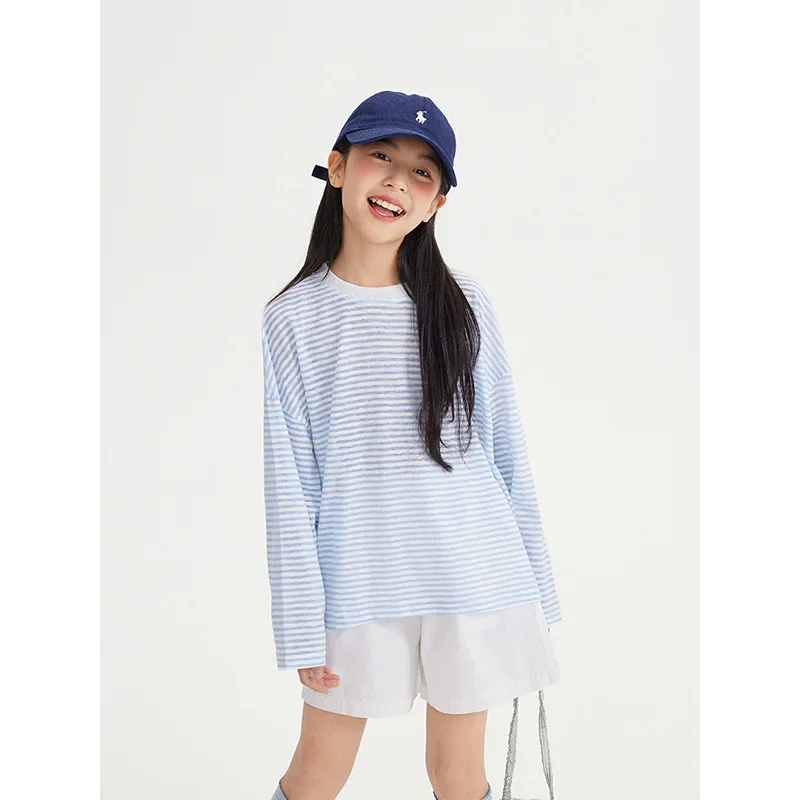 Girls Coat 2024 Summer New Childrens Clothes Korean Style Baby Girls Blue Striped Sunscreen Smock Casual Simple Temperament image 2