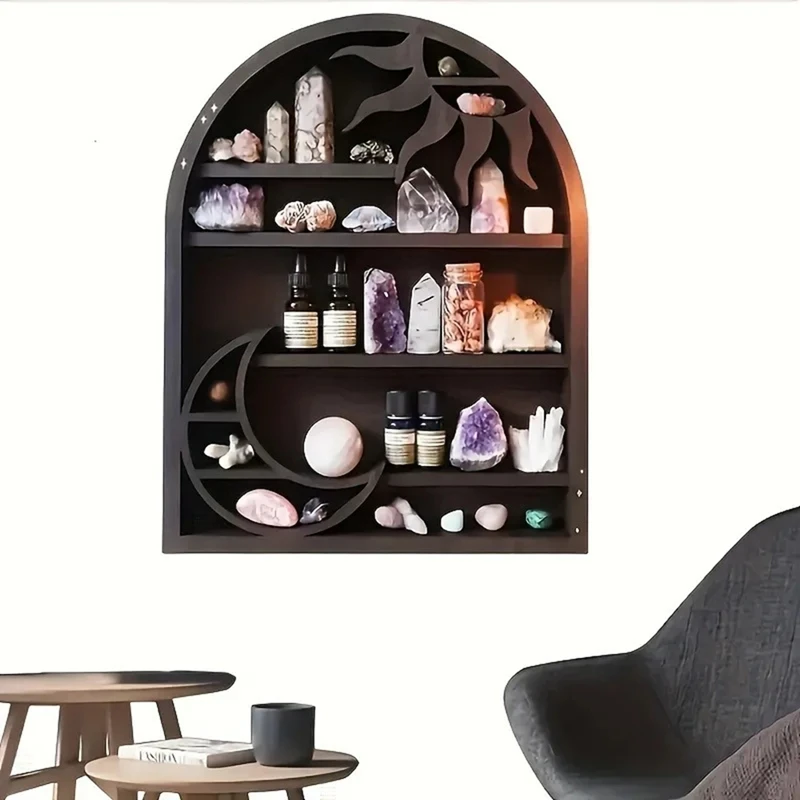 Wood Storage Shelf - Stylish And Practical Wall Shelf, Crescent Sun And Moon Crystal Shelf