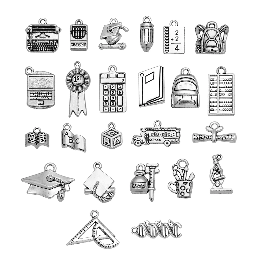 10/20/30pcs/lot Vintage Back To School Charms Graduation Hat Notebook Crayon Schoolbag Pendants For Diy Jewelry Making Supplies