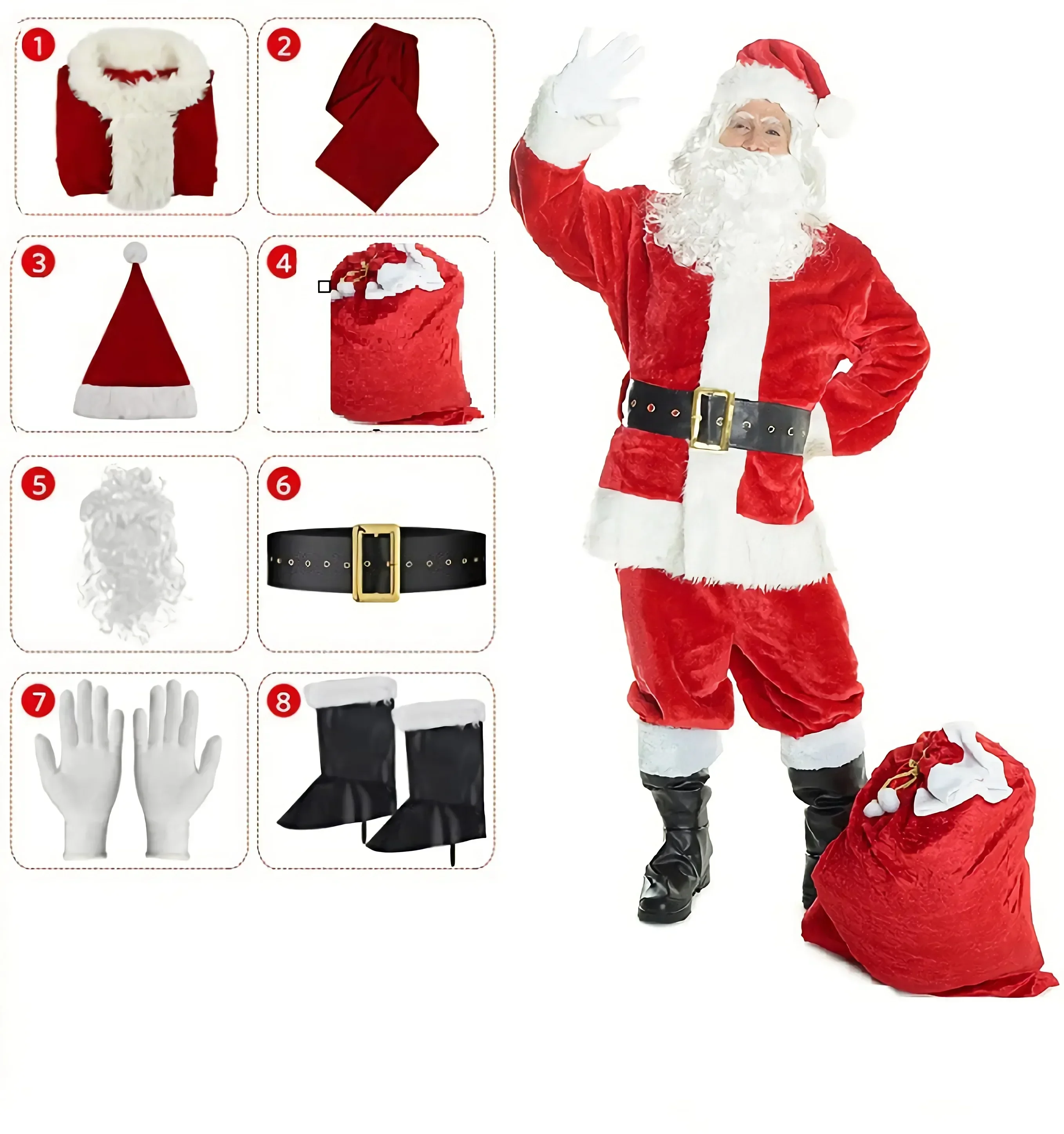 Santa Claus Adult Full Set 8-Piece Set Includes Oversized Gift Pack