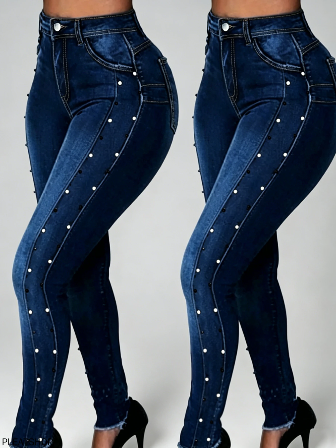 Light Luxury Style Women's Jeans with  Pearl Decoration Tummy-Control Design Makes You Look Taller and Slimmer