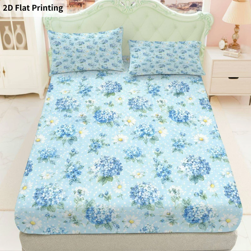 3Pcs Hydrangeablue Fitted Sheet Three Piece Set (1*Fitted Sheet + 2*Pillowcases, Coreless), Bedding Set