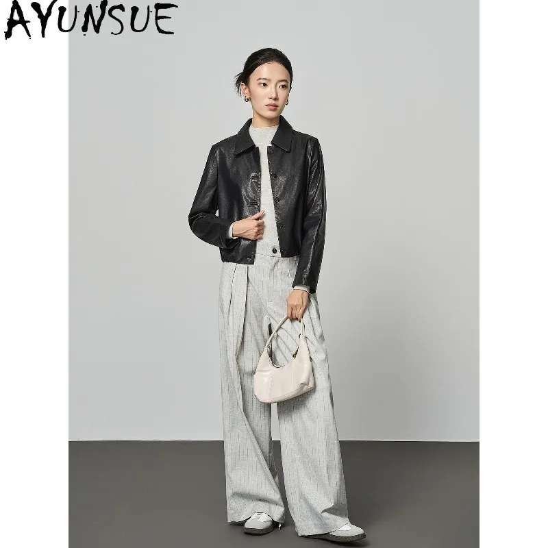 AYUNSUE Real Leather Jackets for Woman 2026 Short Vegetable-tanned Sheepskin Commute Outerwear Luxury Black Jacket Woman Clothes