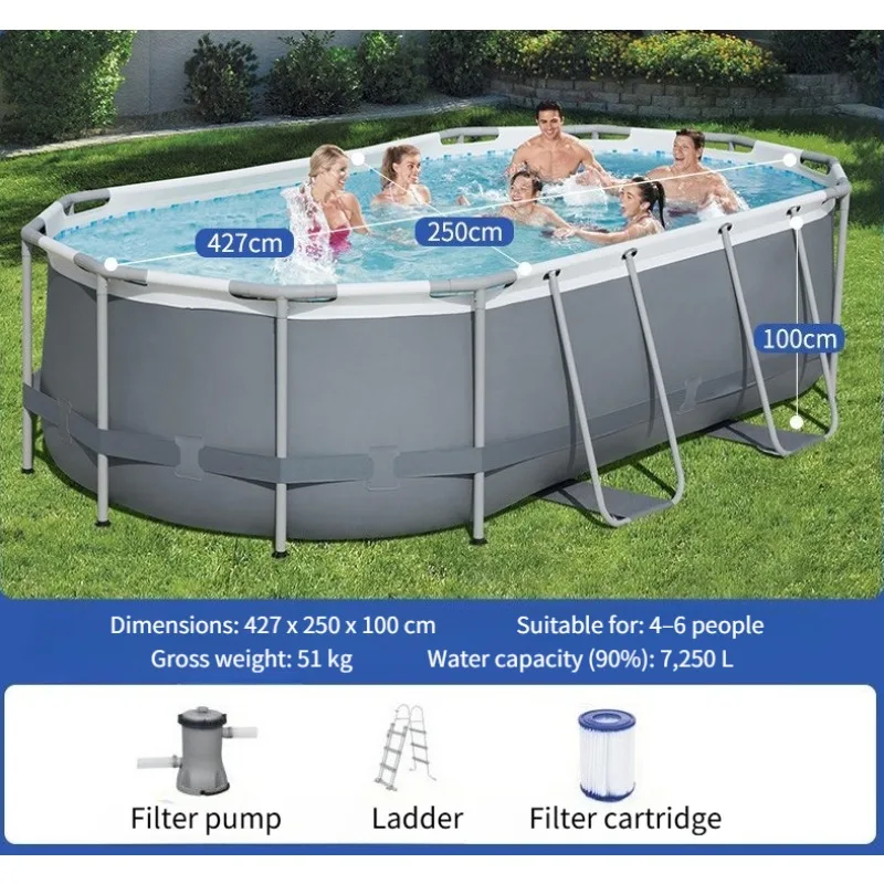 

Новый овальный каркасный бассейн в европейском стиле, серый, 427x250x100 см, для улицы, на 4-6 человек, идеально подходит для семейного отдыха на воде