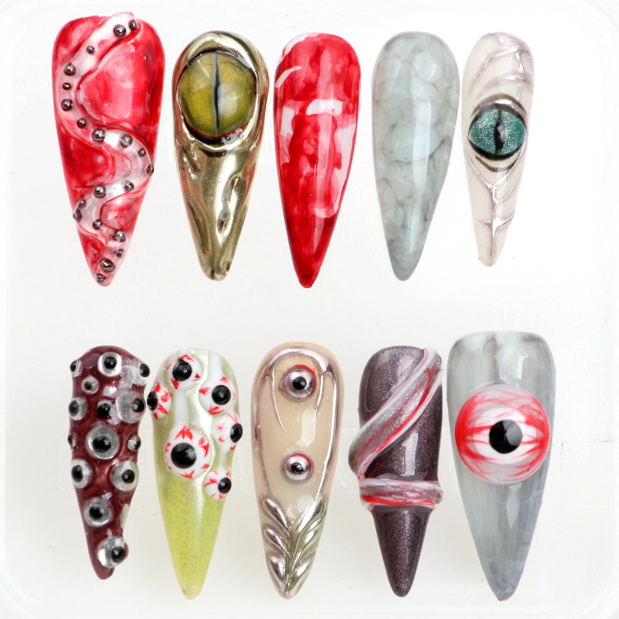 

10Pcs Halloween 3D Nail Art Custom Hand Painted Press On Nails,Gothic Faux Acrylic Nails,Blood Red Designs Dark Aesthetics