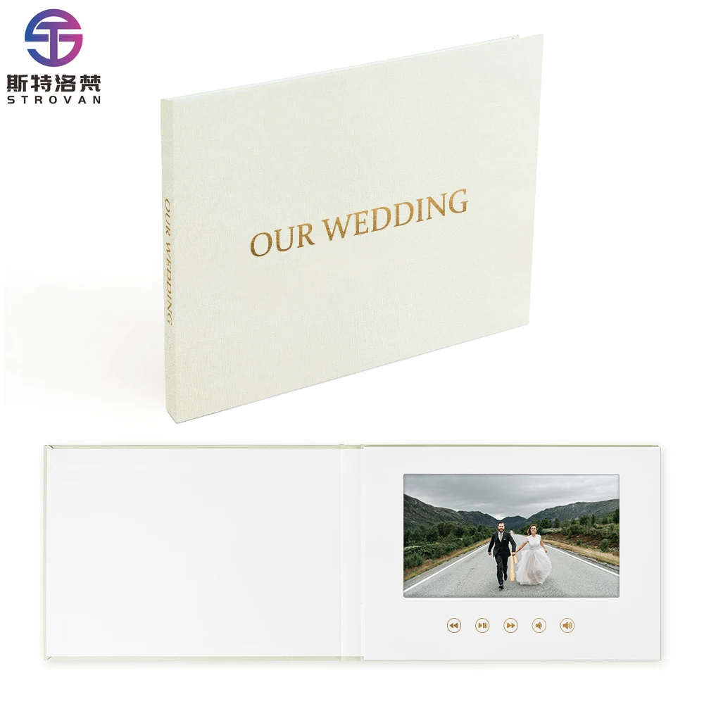 

Our Wedding Gold Foil Linen Video Book That Plays Video and Photo Card with 7 Inch Display Greeting Card Album