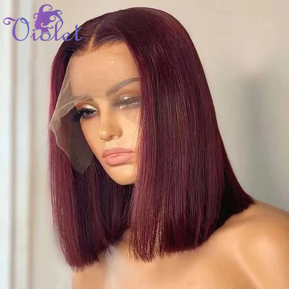 

Bob Wig Human Hair 99J Burgundy Full Smooth Short Bob Wigs Straight 13x4 Transparent Lace Frontal Bob Wig Pre Plucked Bob Wigs