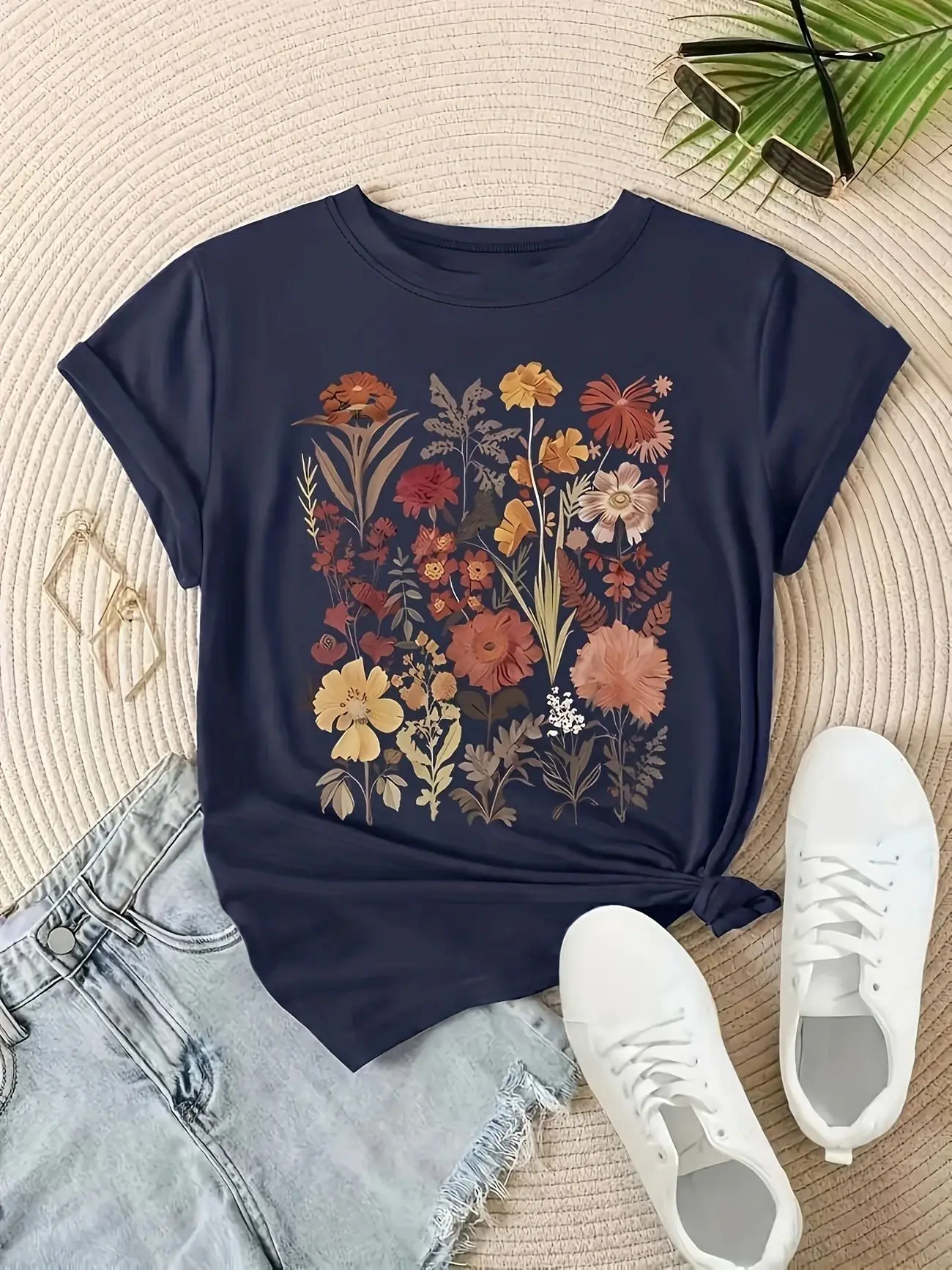 プラスサイズのレディース ブラック半袖 T シャツ、レトロな花柄、結び目裾デザイン、カジュアルでスタイリッシュ